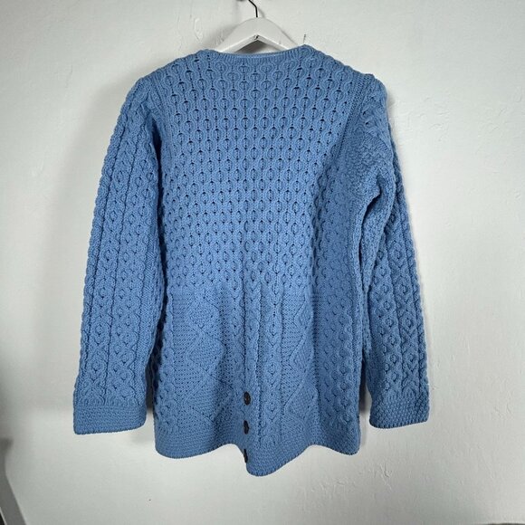Kilronan Knitwear Womens Blue Merino Wool Cable-Knit Cardigan Sweater Pockets - Picture 2 of 7